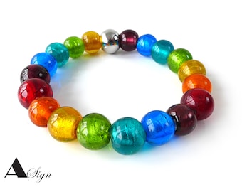 A Sign * Sparkling Rainbow * ladys Bracelet Rainbow Murano Art Glass silver foil Beaded Carabiner Closure adjustable