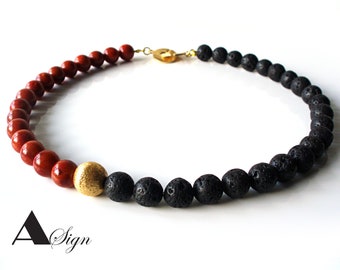 A Sign * Black Coral * Necklace Lava stone & Foam Coral - Red Black gold plated clasp