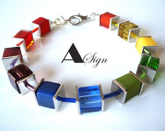 A Sign * Flowers * Rainbow Polaris Resin and Crystal Glass Cube Ladys Bracelet carabiner clasp adjustable silver/colorful
