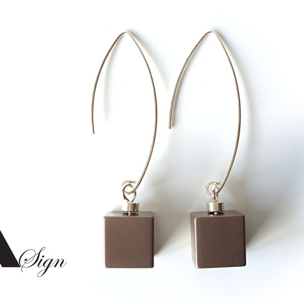 A Sign *Pure No.2* cube en aluminium 925 boucles d'oreilles/boucles d'oreilles/boucles d'oreilles à tirer/pendantes marron/taupe