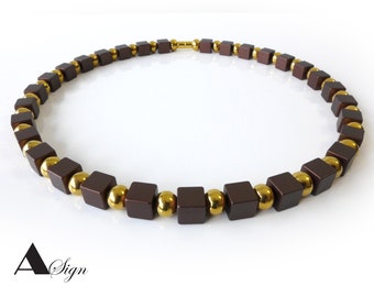 A Sign *Mocca* Design Aluminum Cube & Stainless Steel Beads Women's Necklace/Chain Chocolate Brown Gold magnetic closure