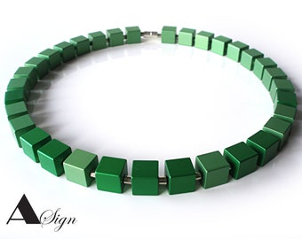 A Sign *Jungle* Aluminum Cube & Stainless Steel Design Women's Necklace/Chain Two Variants: Green Tones Magnetic Closure