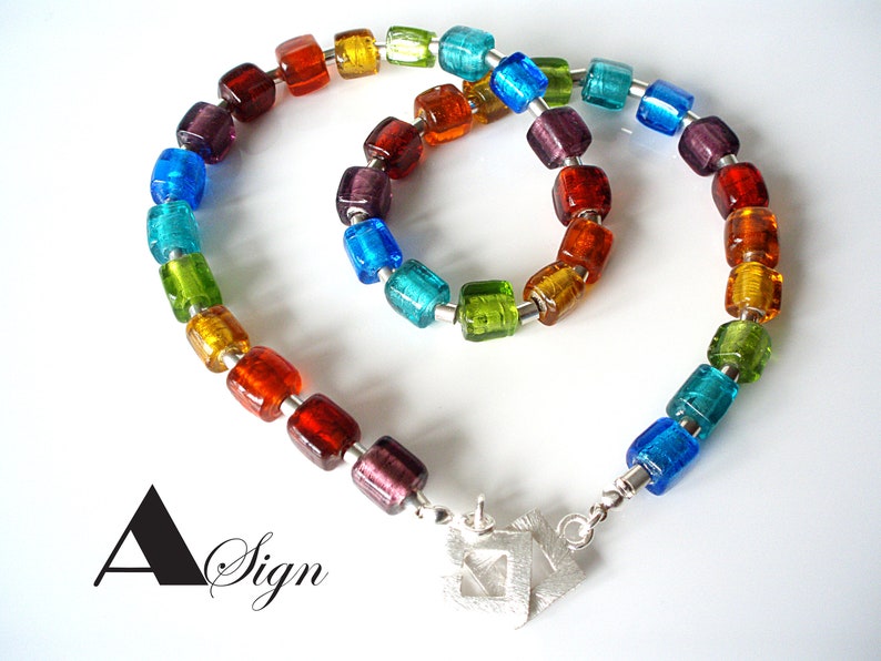 women Rainbow necklace chain glass cubes Murano Art /& stainless steel jewelry cloge bunt Candy No.3 A Sign