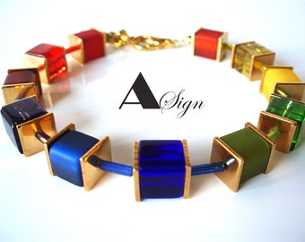 A Sign * Flowers * Rainbow ladys Bracelet Polaris Resin and Crystal Glass Carabiner Adjustable Gold/colorful