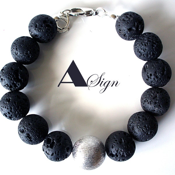 A Sign *Luna Nr.2* Lava Stein - Massiv Kugel 10 mm & 12 mm Damen Armband Perle gebürstet schwarz/silber Karabiner-Verschluss verstellbar