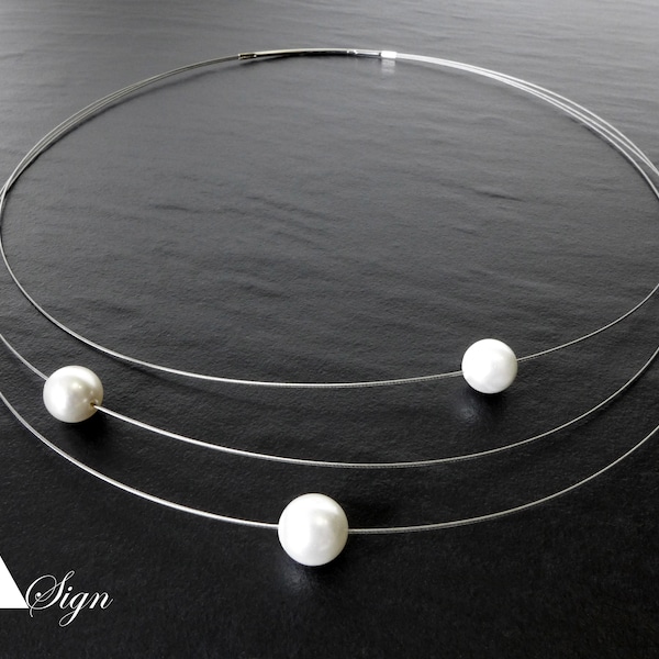 A Sign *Planets* 3-reihiger Damen Halsreif Reif Hals-Kette Edelstahlseide Muschelkern Perlen Steckverschluss weiss/silber