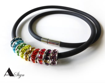 A Sign *Plasma* Rainbow Rubber Women's Necklace/Necklace 9 Crystal Elements Stainless Steel Magnetic Clasp