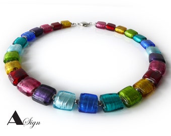 A Sign *Square Dance * Rainbow Ladies Necklace/Chain Murano style Glass Silver Foil & Stainless Steel Beaded Magnet Clasp Colorful