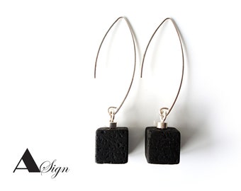 Brincos pendentes femininos Sign *Evening Star* Lava, Cube Black, em prata 925.