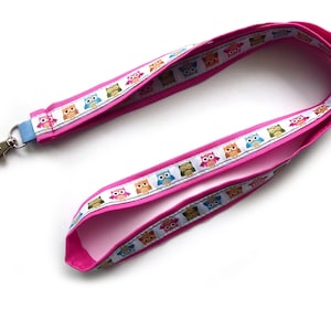 langes Schlüsselband Eulen Baumwollstoff Webband pink blau bunt für Schlüssel oder Ausweis-Karte