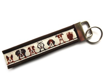 Keychain dogs beige brown cotton fabric woven ribbon