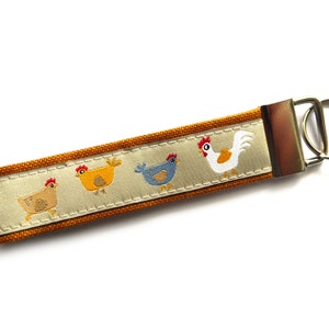 Chicken keychain, hen, rooster, farm, made of cotton fabric and woven ribbon, beige, red, ochre