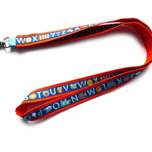 langes Schlüsselband Schulanfang Alphabet ABC orange blau bunt Baumwollstoff Webband für Schlüssel oder Ausweis-Karte Schultüte Einschulung