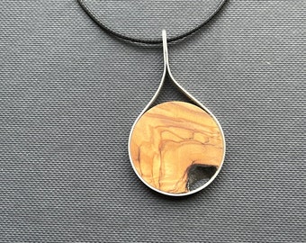 Kette mt Anhänger aus Holz und 925 er Silber, Holzkette, Silberkette, schlichte runde Form, Tropfen, Träne, Geschenk für Sie