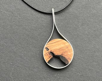 Chain with pendant made of wood and 925 silver, wooden chain, silver chain, simple round shape, drops, tears, gift for her