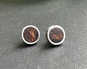 Earrings made of wood, aluminum and silver-plated plugs, elegant plugs made of walnut wood