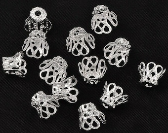 50 Perlenkappen 6,5x8,5mm Kappen Eisen Perlen Silber filigran Blume - 1182