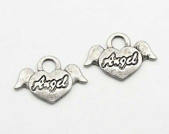 10 Stück Anhänger Charms 19x12mm Herz Flügel Angel Antiksilber - 1464