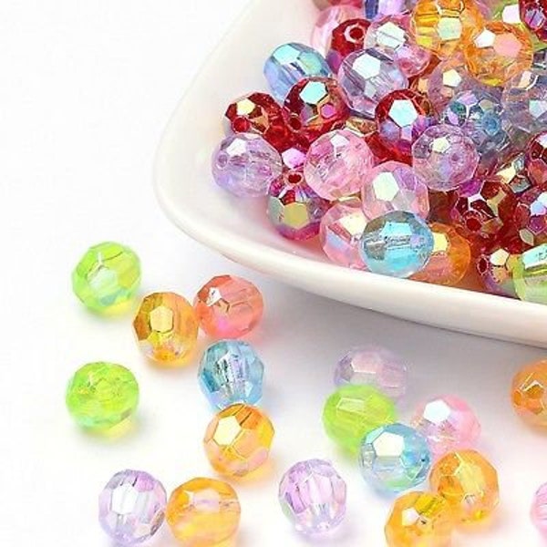 100 Acrylperlen 8mm Facettiert Transparent Schimmernd Mix Rund AB-Farben Acryl Perlen