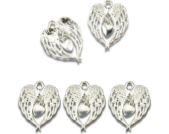 5x Engelsflügel Anhänger mit Herz 28x22mm Charms Silber Ketten Engel Flügel