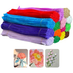 May include: A bundle of colourful pipe cleaners in various shades of purple, blue, red, pink, green, orange, brown, and white. The pipe cleaners are bundled together and ready for crafting projects.