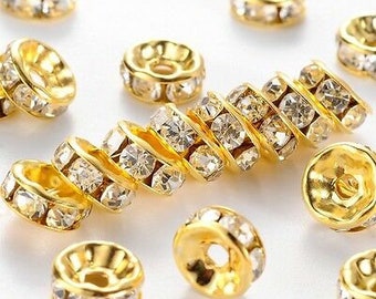 30 Strassrondelle Zwischenperlen 6mm Spacer Gold Strass Rondell K-1035