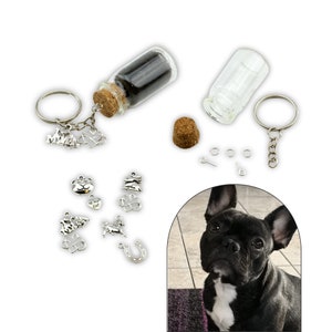 Peut inclure: Un kit de mémorial pour animaux de compagnie à faire soi-même avec un petit bocal en verre, un bouchon en liège, des breloques et un porte-clés. Les breloques comprennent une empreinte de patte, un fer à cheval, un cœur, un trèfle à quatre feuilles et un os de chien. Le kit comprend également un petit sac de sable noir.
