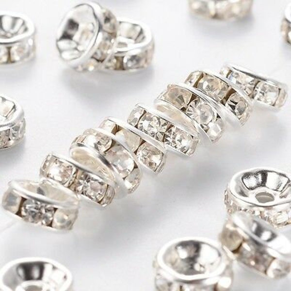 20 Stück Zwischenperlen 6mm Strassrondelle Spacer Silber Strass Rondell - 2535