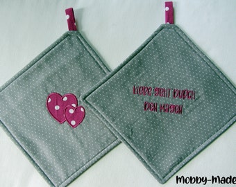 Pot holders, pot holders with embroidery, embroidered cloth pot holders, love goes through the stomach