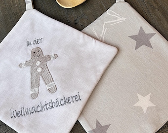Potholders, fabric potholders with embroidery, In the Christmas bakery, Christmas decoration for dining table