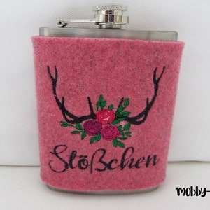 Hip flask, hip flask with felt band, hip flask with embroidery, deer antlers, ramekins