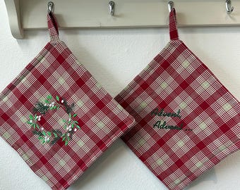 Potholders, fabric potholders with embroidery, embroidered trivets, trivets with Christmas motifs