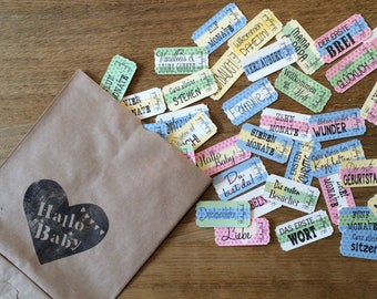 HELLO BABY milestone tickets I tokens I tear-off tickets I tear-off tickets (42 tickets) incl. bag (birth gift / baby shower)