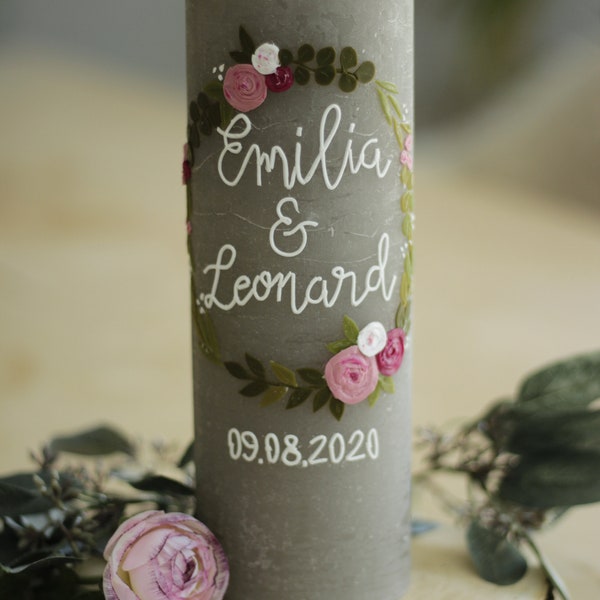 Hochzeitskerze Blumenkranz, Taufkerze Mädchen,Hochzeitskerze RustikHochzeitskerze personalisiert, Hochzeitskerze modern, rustikal, schlicht