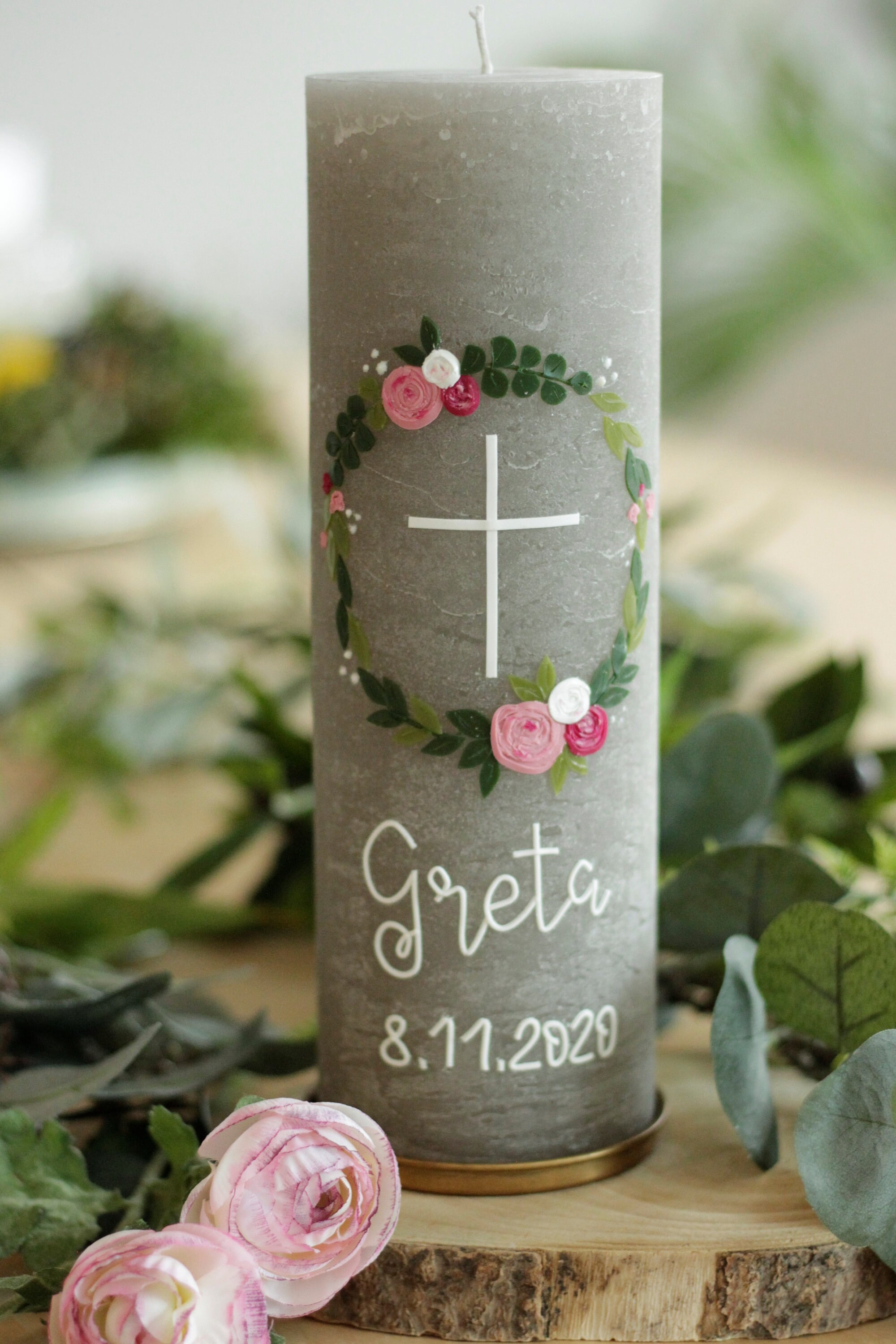 Taufkerze  Blumenkranz, Taufkerze Mädchen, Hochzeitskerze, Taufkerze Rustik, Blumenkranz