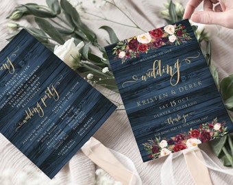 Wedding Program Fan Template, Rustic Navy Marsala Floral, Printable Ceremony Fan, DIY Program Fan, Burgundy Merlot, Blush Pink Floral