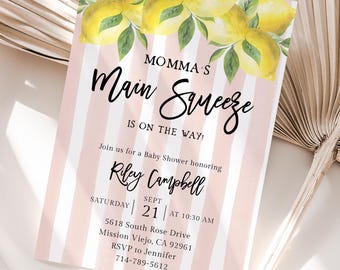 Mammas stora babyshowerinbjudan: Citroner, rosa ränder (Evite, nedladdningsbar PDF-mall)