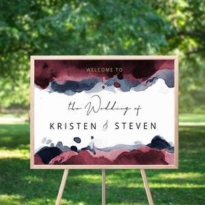 Burgundy Navy Wedding Welcome Sign, Watercolor Splash, Maroon Navy Blue Gold, Self-Editable, Modern Calligraphy, Minimalist, Welcome Poster