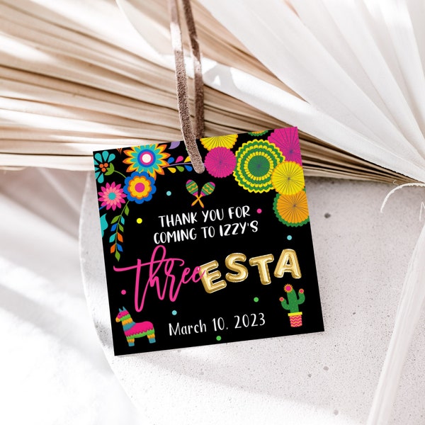 Three-Esta Birthay Favor Tags, Fiesta Theme Thank You Gift Tags, Mexican Fiesta, Girl Birthday, Square Party Favor Tags, Cactus, Floral