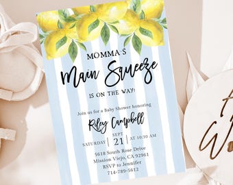 Mama's Main Squeeze Baby Shower Invite, Cytryny, Cytrusy, Pastelowe niebieskie akwarelowe paski, Lato, Wiosna, Boho, Chłopiec, Zaproszenie Evite
