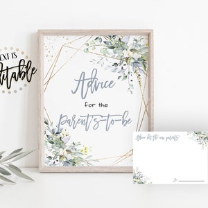 Consigli sul verde per i futuri genitori, attività baby shower, piante grasse eucalipto, floreale blu polvere, cornice dorata, consigli per la mamma
