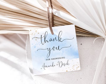 Blue Watercolor Favor Tags, Baby Shower Thank You Gift Tags, Gold Glitter, Square Party Favor Tags, Printable Template, Baby Sprinkle, Boy
