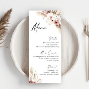 Menu floral bohème mauve, modèle de menu pour le dîner de mariage, herbe de la pampa, fleurs séchées, rustique, tons ocre, menu bricolage, bohème