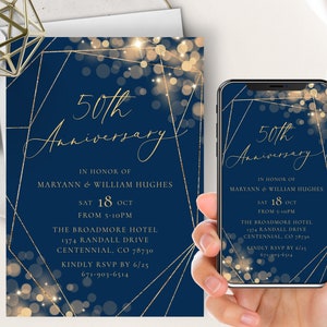 Navy and Gold 50th Anniversary Phone Evite+Printable Invite, Editable ANY Year, Bokeh Glitter Lights, Sparkle, Wedding Anniversary, Elegant
