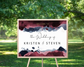 Burgundy Navy Wedding Welcome Sign, Watercolor Splash, Maroon Navy Blue Gold, Self-Editable, Modern Calligraphy, Minimalist, Welcome Poster