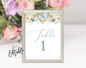 Wedding Table Numbers Template, Dusty Blue & Peach Floral Watercolor, Editable, Wedding Reception Table Sign, Blue Flowers, Pink, Template