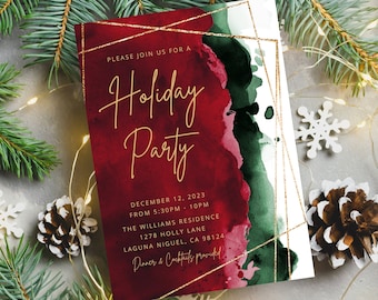 May include: Holiday party invitation with a watercolor design in red, green, and white. The invitation features gold text and a geometric gold border. The text reads "Holiday Party" and includes the date, time, and location.