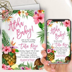 Girl Aloha Baby Shower Phone Evite+Printable Invite, Tropical Luau, Hawaiian, Pink Hibiscus, Pineapple, Coconut, Electronic Invitation