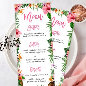 Szablon menu Tropical Luau, Aloha Baby Shower, edytowalne menu obiadu/kolacji DIY, motyw hawajski, różowy hibiskus, różowe kwiaty, ananas