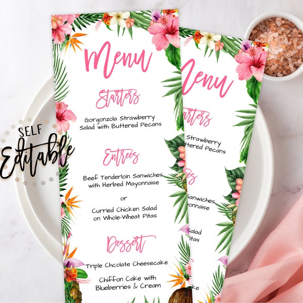 Tropische Luau menusjabloon, Aloha babyshower, DIY bewerkbare lunch/dinermenu, Hawaiiaans thema, roze hibiscus, roze bloemen, ananas